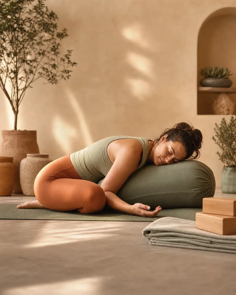 Student resting in a supported forward fold over a bolster